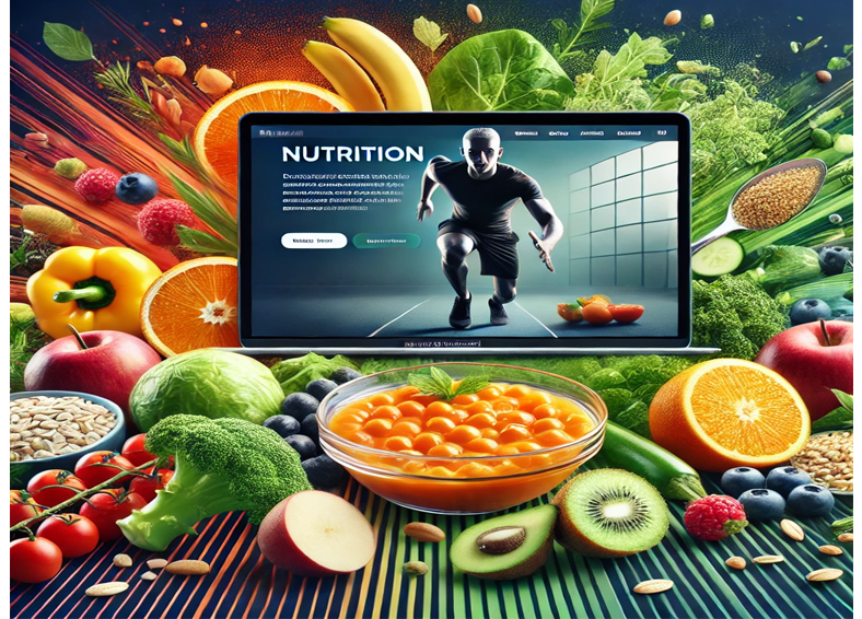 A nutrition program advertisement showing a runner on a screen surrounded by fresh fruits and vegetables.